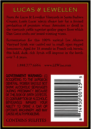 2002 Lucas & Lewellen Syrah back label red and black