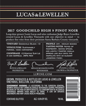 Back label 2017 Pinot Noir Goodchild High 9 Vineyard