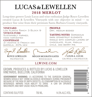 2018 Lucas & Lewellen Merlot back label