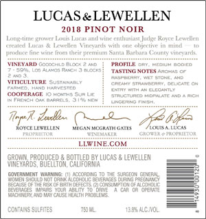2018 Lucas & Lewellen Pinot Noir Santa Barbara County front label