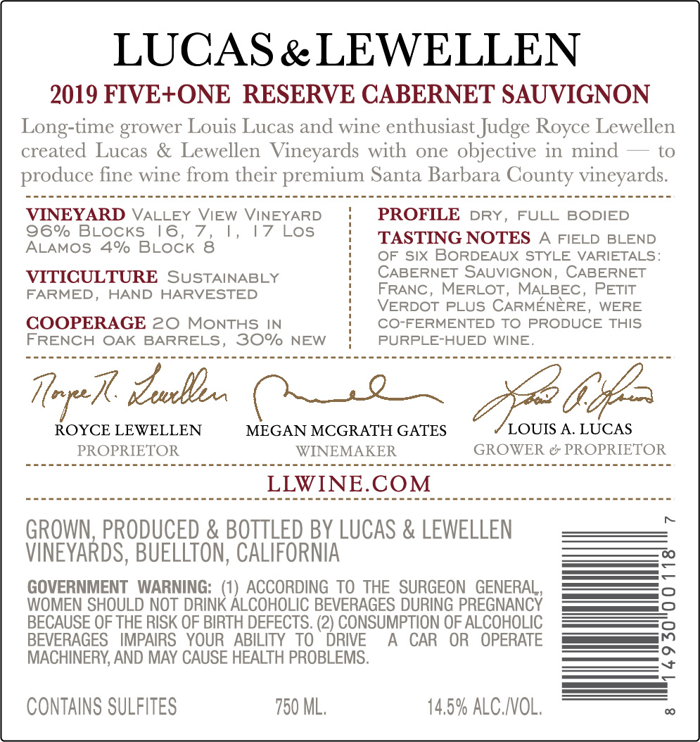 2019 Lucas & Lewellen Five+One back label