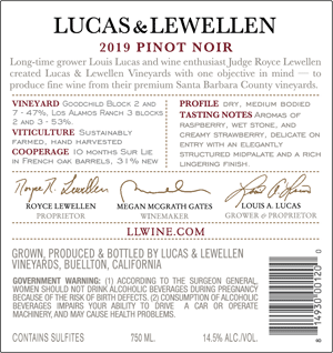 Lucas & Lewellen 2019 Pinot Noir back wine bottle label