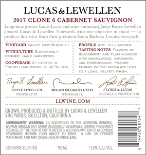 2017 Lucas & Lewellen Clone 6 Cabernet Sauvignon back label
