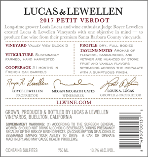 2017 Lucas & Lewellen Petit Verdot back label