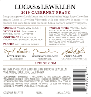 2019 Lucas & Lewellen Cabernet Franc back label image