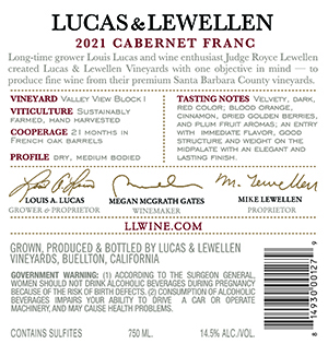 2021 Lucas & Lewellen Cabernet Franc back label 2021 Lucas & Lewellen Cabernet Franc back label