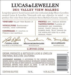 2021 Lucas & Lewellen Vineyards Malbec back label 2021 Lucas & Lewellen Vineyards Malbec back label