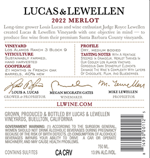 Lucas & Lewellen 2022 Merlot back label Lucas & Lewellen 2022 Merlot back label