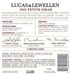 2022 Lucas & Lewellen Petite Sirah back label 2022 Lucas & Lewellen Petite Sirah back label