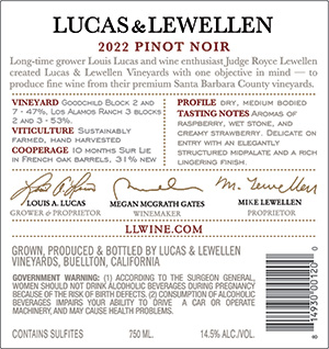 2022 Lucas & Lewellen Pinot Noir back label