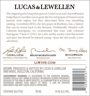 2020 Lucas & Lewellen Carmenere back label
