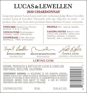 2020 Lucas & Lewellen Vineyards Chardonnay - back label