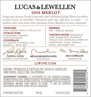 2020 Lucas & Lewellen Merlot back label