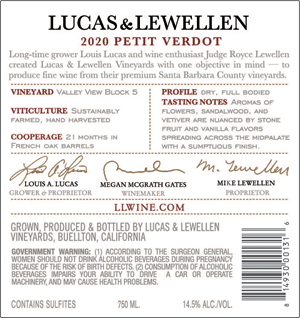 2020 Lucas & Lewellen Petit Verdot back label image