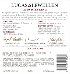 Lucas & Lewellen 2020 Riesling back label
