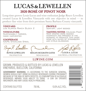 2020 Lucas & Lewellen Rosé of Pinot Noir back label