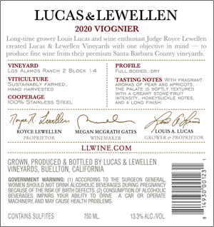 2020 Lucas & Lewellen Viognier back label image
