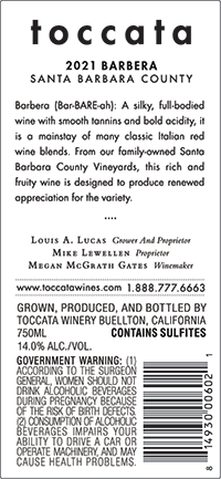 2021 Barbera back label
