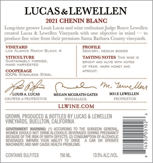 2021 Lucas & Lewellen Chenin Blanc back label