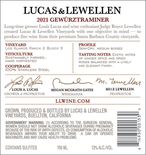 Back label 2021 Lucas & Lewellen Gewurztraminer wine