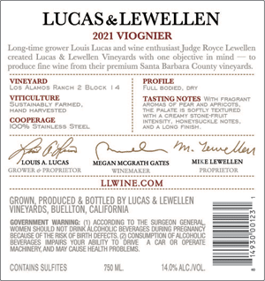 2021 Lucas & Lewellen Viognier back label