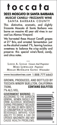 2021 Toccata Moscato di Santa Barbara back label 2021 Toccata Moscato di Santa Barbara back label