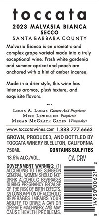 Toccata Malvasia Bianca "Secco" back label
