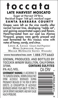 2025 Toccata Late Harvest Moscato back label