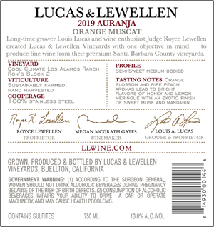2019 Lucas & Lewellen Auranja back label
