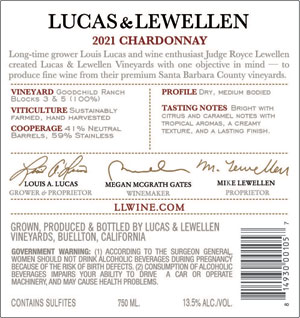 2021 Lucas & Lewellen Chardonnay back label