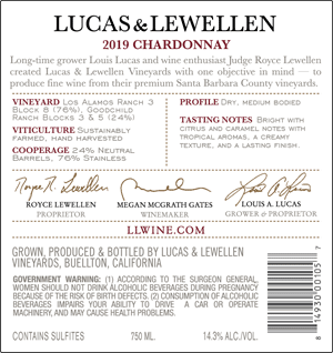 Lucas & Lewellen Chardonnay SBC back label