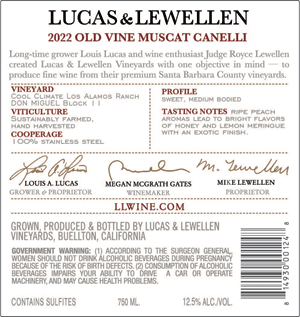 2022 Lucas & Lewellen Old Vine Moscato back label