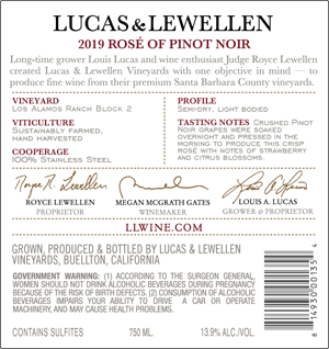 2019 Lucas & Lewellen Rose of Pinot Noir back label