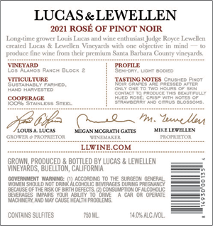 2021 Lucas & Lewellen Rosé of Pinot Noir back wine label
