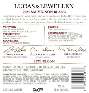 2024 Lucas & Lewellen Sauvignon Blanc back label 2024 Lucas & Lewellen Sauvignon Blanc back label
