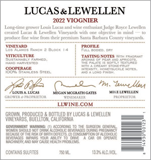 Lucas & Lewellen 2022 Viognier back bottle label