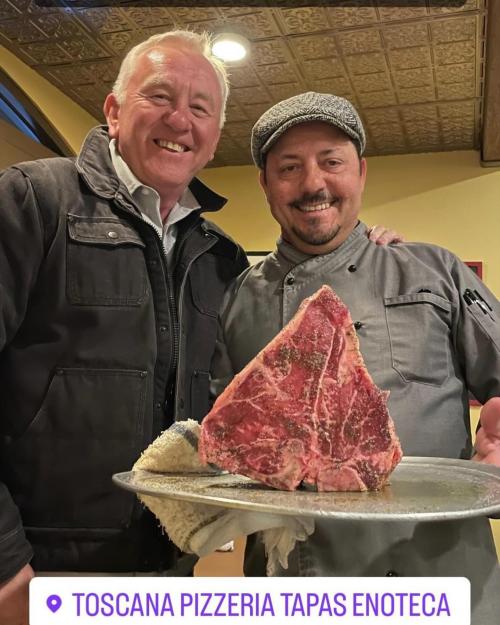 Toccata Tasting Rooms Manager Andrew Moore with Chef Michele and Bistecca Fiorentina ready to go in the oven