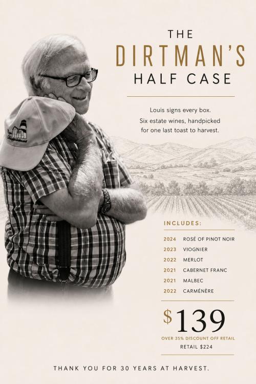 Picture of the Dirtman smiling with six wines for the Dirtman's Half Case of Reds