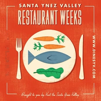 Logo advertising Santa Ynez Valley Restaurant week with fish and dish clip art