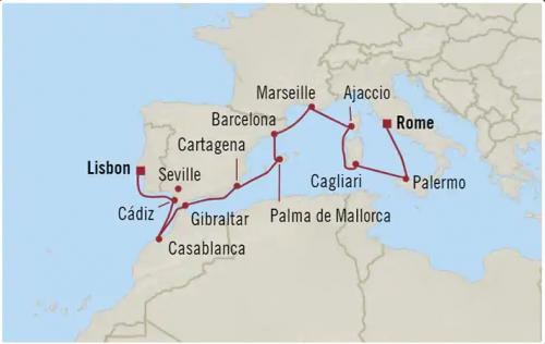 Lisbon to Rome wine cruise map