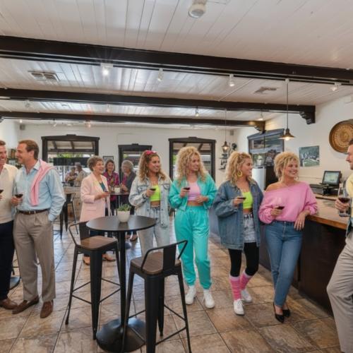 Lucas & Lewellen Tasting Room with happy wine drinkers dressed in 1980's clothes enjoying wine Lucas & Lewellen Tasting Room with happy wine drinkers dressed in 1980's clothes enjoying wine
