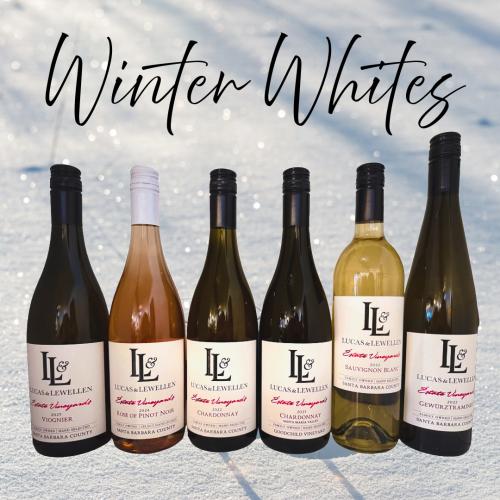 Winter Whites - six bottles of Lucas & Lewellen white wine against a snowy background