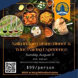Poster advertising Indian Winemaker dinner in Culver City with Louis Lucas of Notre Dame, photo of Indian food and wine