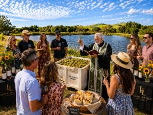 Father John blessing Lucas & Lewellen grapes at the Los Alamos pond