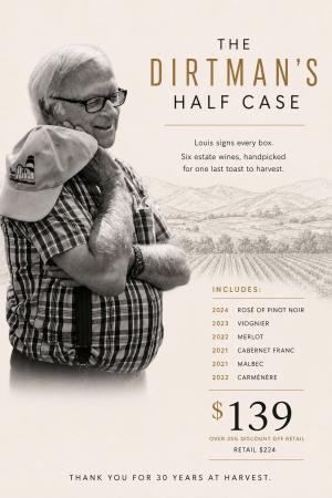 Picture of the Dirtman smiling with six wines for the Dirtman's Half Case of Reds