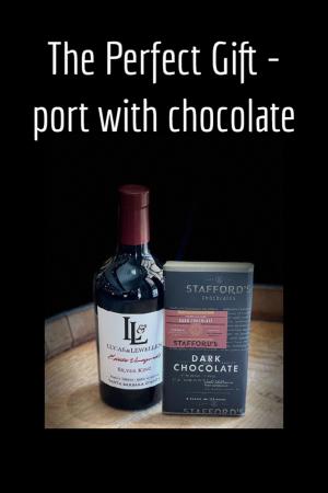 An image of a 500ml bottle of Lucas & Lewellen Silver King Port with a bar of Stafford's Chocolate