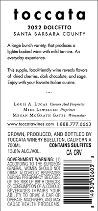 2022 Dolcetto back label