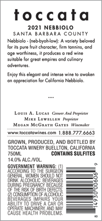 2021 Toccata Nebbiolo back label 2021 Toccata Nebbiolo back label